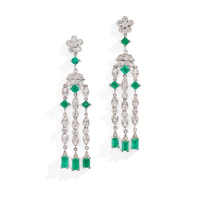 Lot 128 - A pair of emerald and diamond pendent earrings