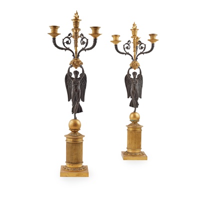 Lot 527 - PAIR OF FRENCH EMPIRE GILT AND PATINATED BRONZE FIGURAL CANDELABRA