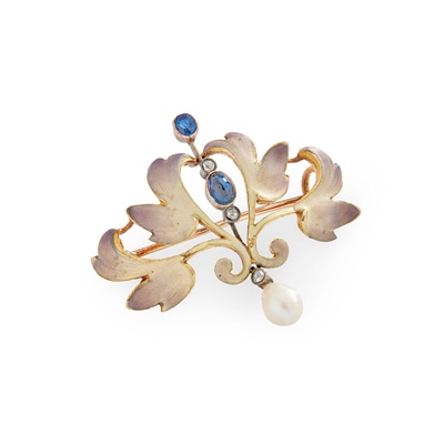 Lot 152 - An Art Nouveau sapphire, pearl and enamel brooch