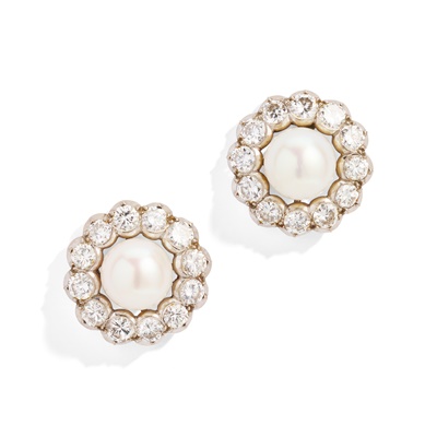 Lot 129 - A pair of cultured pearl and diamond cluster earrings