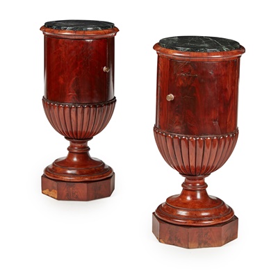 Lot 207 - PAIR OF REGENCY MAHOGANY URN SHAPED MARBLE TOPPED POT CUPBOARDS, IN THE MANNER OF GILLOWS