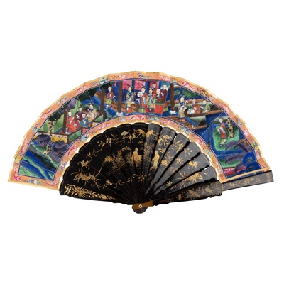 Lot 101 - CANTON LACQUERED AND PAPER 'LANDSCAPE' FAN