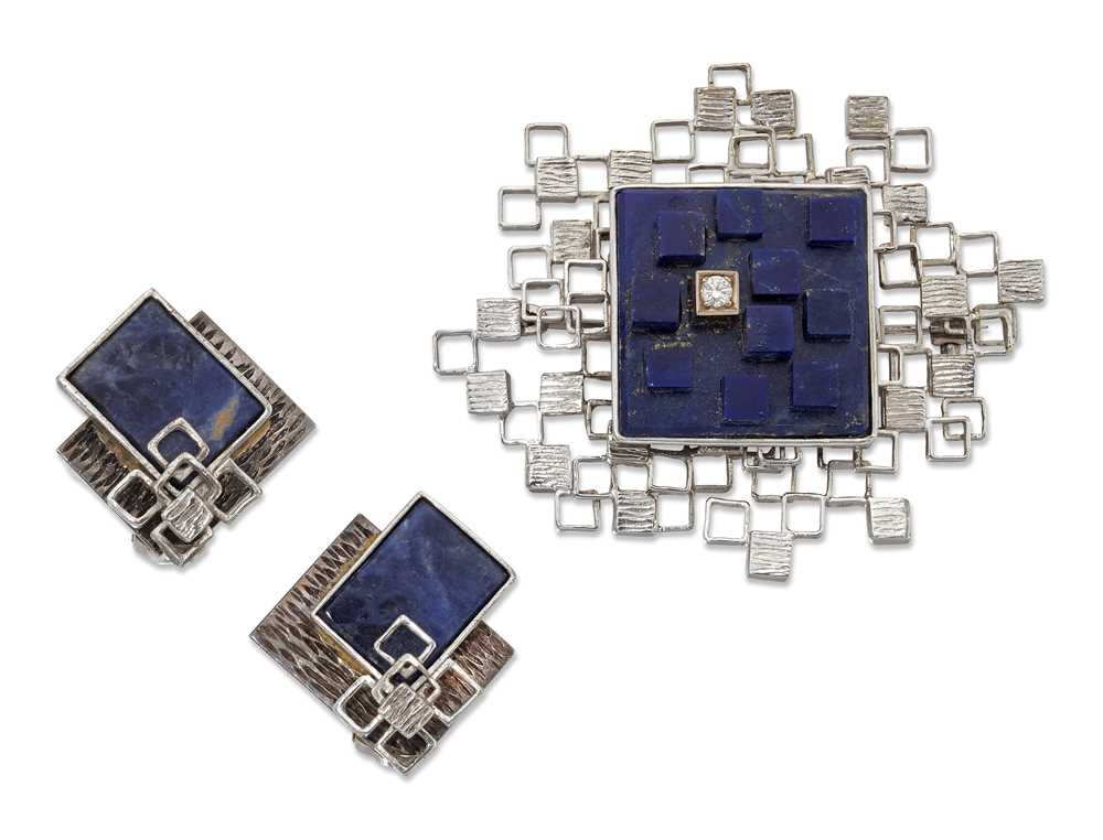 Lot 55 - A lapis lazuli and diamond brooch and pair of earrings, by John Donald