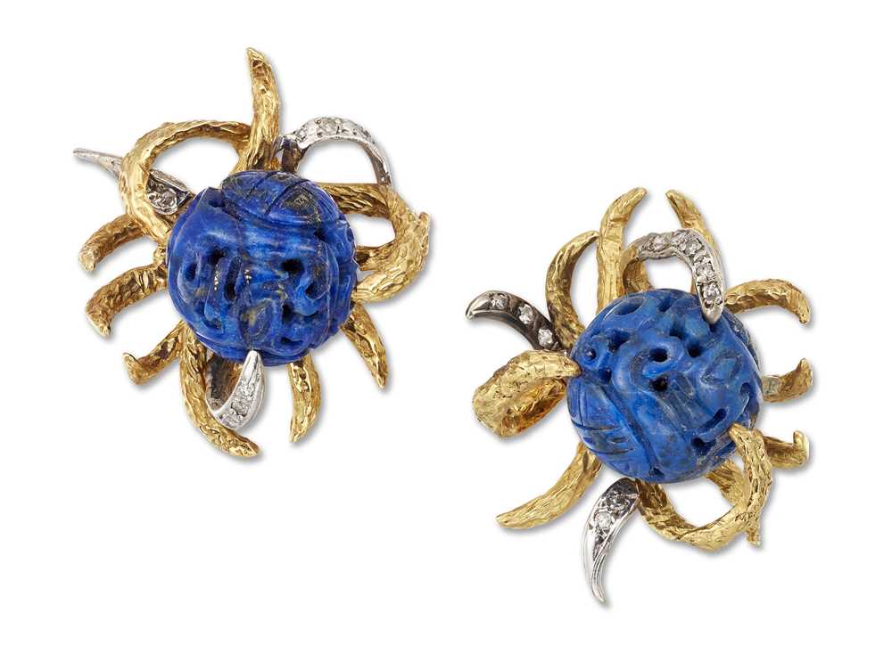 Lot 54 - A pair of lapis lazuli earrings, 1970s