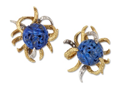 Lot 54 - A pair of lapis lazuli earrings, 1970s
