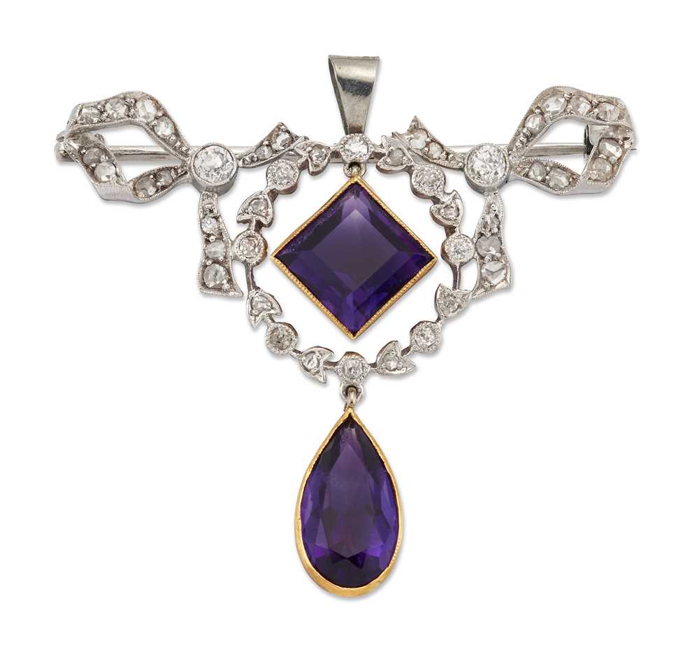 Lot 108 - An early 20th century amethyst and diamond brooch