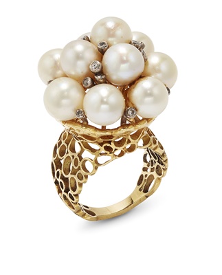 Lot 49 - A cultured pearl and diamond ring, by John Donald, 1971