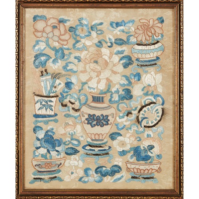 Lot 12 - COLLECTION OF SEVEN SILK EMBROIDERED PANELS