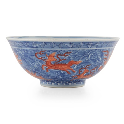 Lot 140 - BLUE AND WHITE WITH IRON-RED 'SEA CREATURES' BOWL
