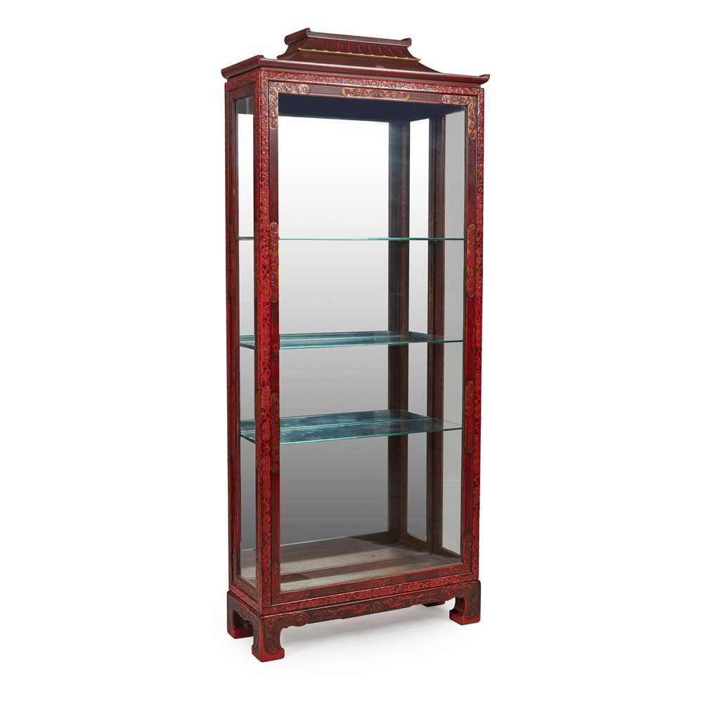 Lot 408 - LARGE RED SIMULATED LACQUER MIRRORED DISPLAY CABINET, BY WHYTOCK & REID