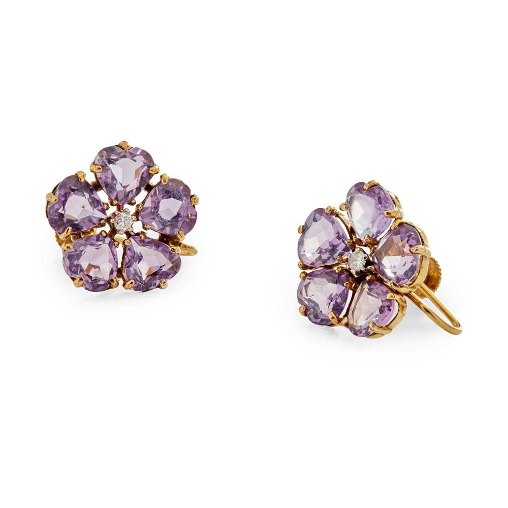 Lot 162 - A pair of amethyst and diamond cluster earrings