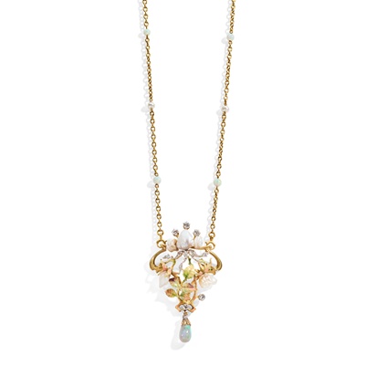 Lot 32 - An Art Nouveau enamel, opal and diamond pendant necklace, circa 1900