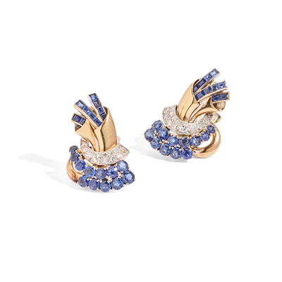 Lot 38 - A pair of retro sapphire and diamond earclips, 1940s
