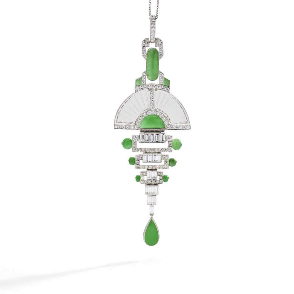 Lot 89 - A jadeite, rock crystal and diamond pendant necklace