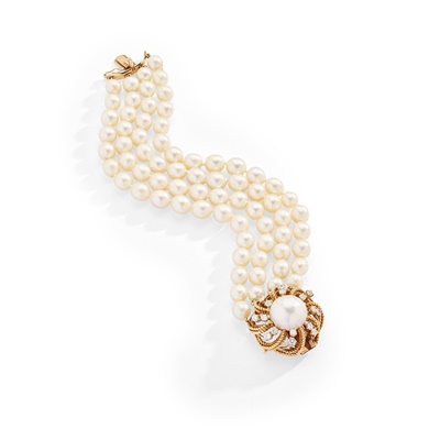 Lot 65 - A cultured pearl and diamond bracelet, by Seaman Schepps