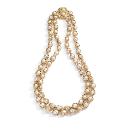 Lot 66 - A 'Wrapped' cultured pearl two-strand necklace, by Charles de Temple, 1968