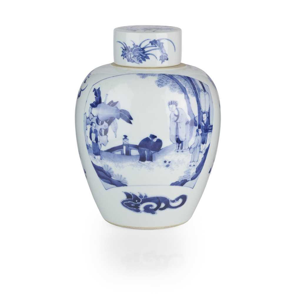 Lot 124 - BLUE AND WHITE GINGER JAR WITH LID