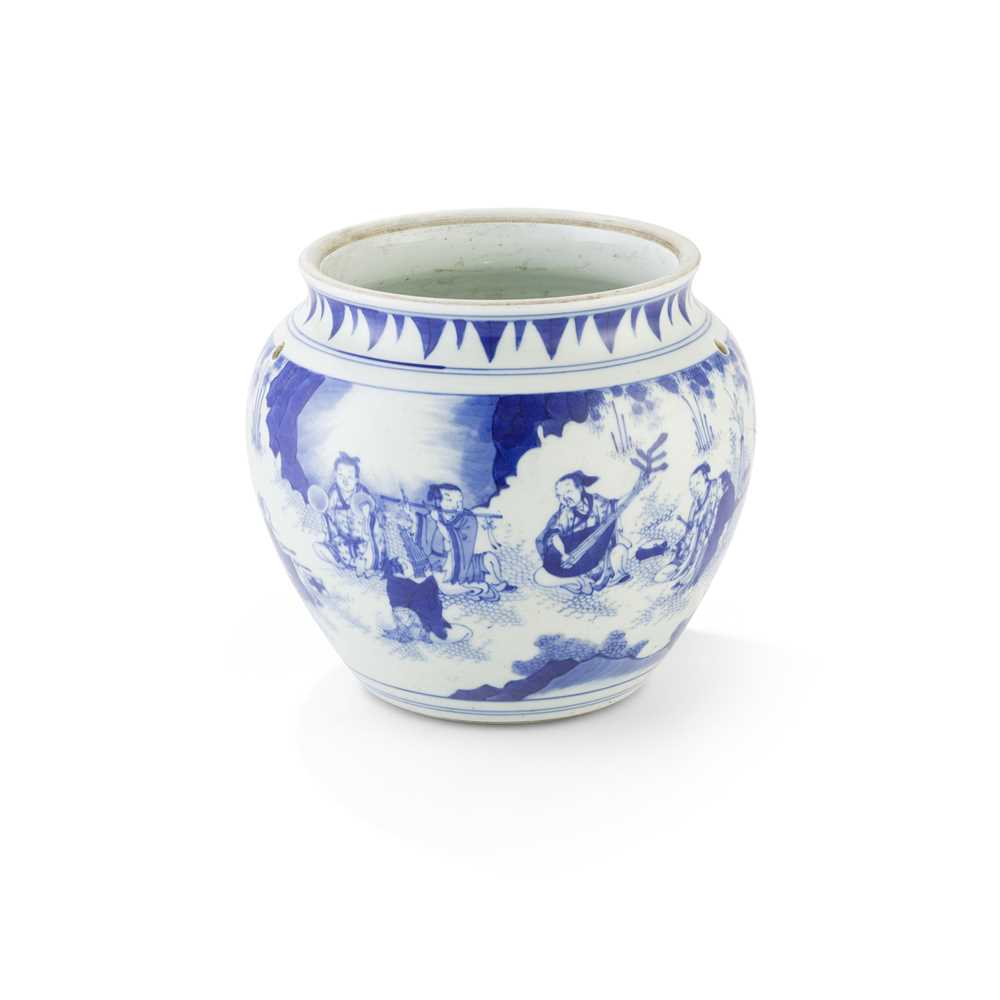 Lot 139 - BLUE AND WHITE 'SEVEN SAGES OF THE BAMBOO GROVE' PORRIDGE JAR