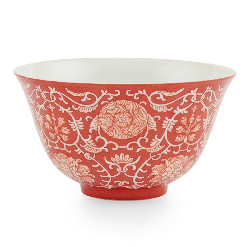 Lot 107 - CORAL-GROUND RESERVE-DECORATED 'LOTUS' BOWL