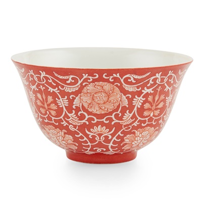 Lot 107 - CORAL-GROUND RESERVE-DECORATED 'LOTUS' BOWL