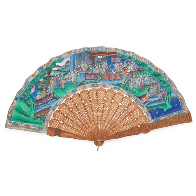 Lot 55 - CANTON SANDALWOOD AND PAPER 'THOUSAND FACES' FAN