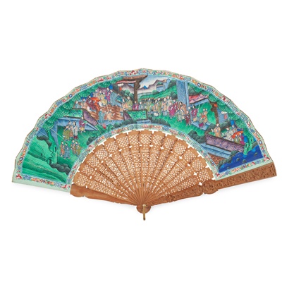 Lot 55 - CANTON SANDALWOOD AND PAPER 'THOUSAND FACES' FAN