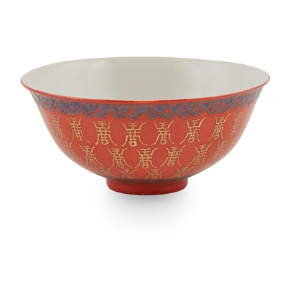 Lot 104 - CORAL-RED-GROUND GILT-DECORATED 'LONGEVITY' BOWL AND SAUCER