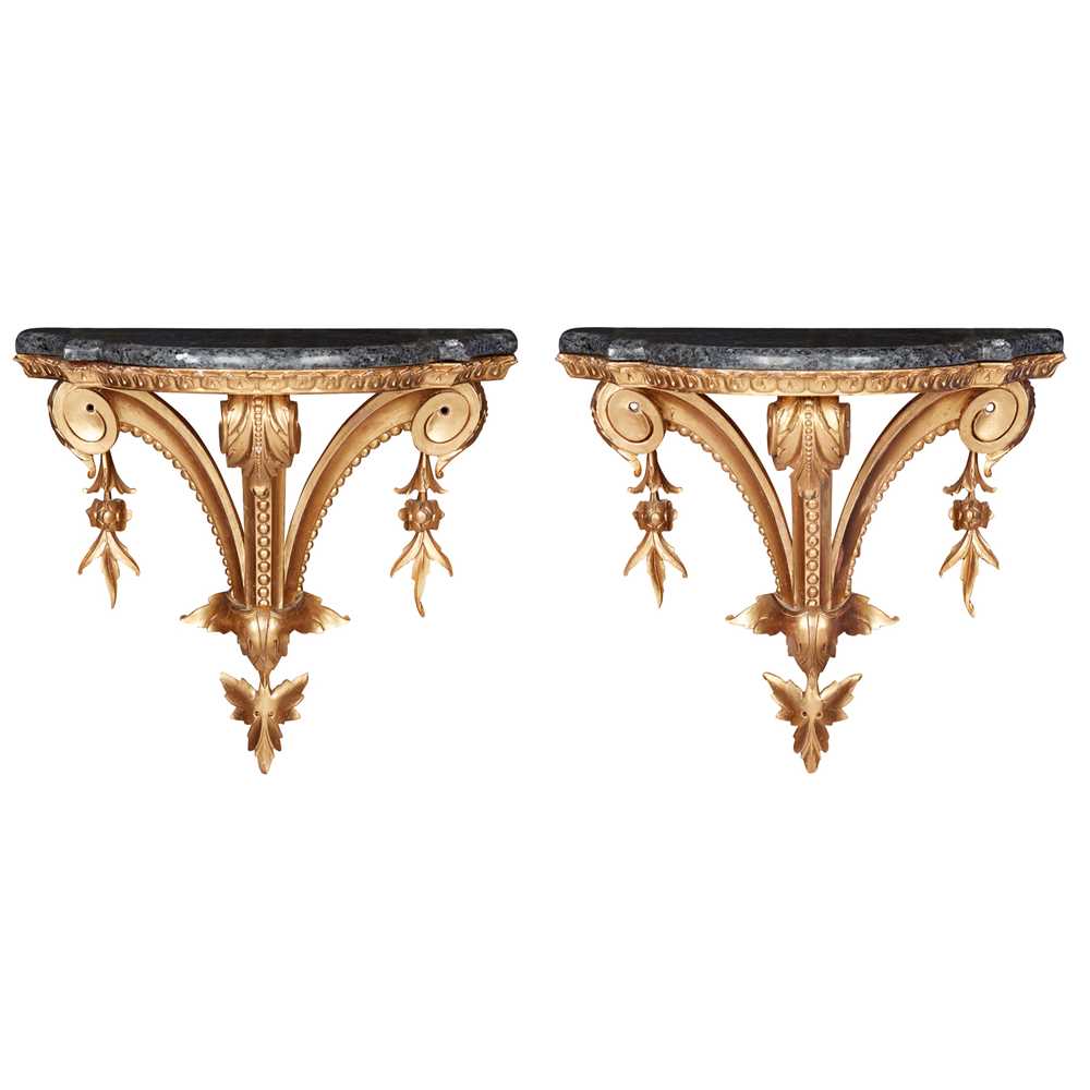 Lot 362 - PAIR OF CARVED GILTWOOD AND MARBLE WALL BRACKETS