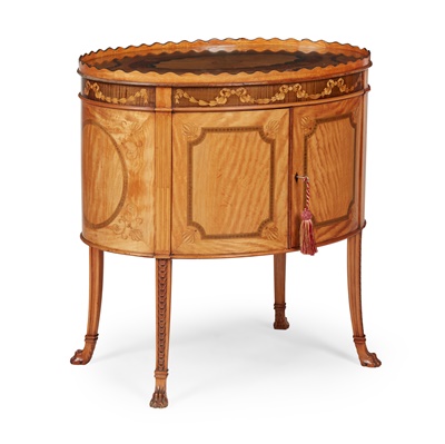 Lot 387 - SHERATON REVIVAL SATINWOOD AND MARQUETRY OVAL DRUM CABINET
