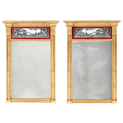 Lot 210 - PAIR OF REGENCY STYLE GILTWOOD AND EGLOMISE PIER MIRRORS