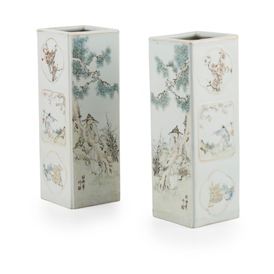 Lot 235 - PAIR OF QIANJIANG ENAMELLED FOUR-SECTION VASES