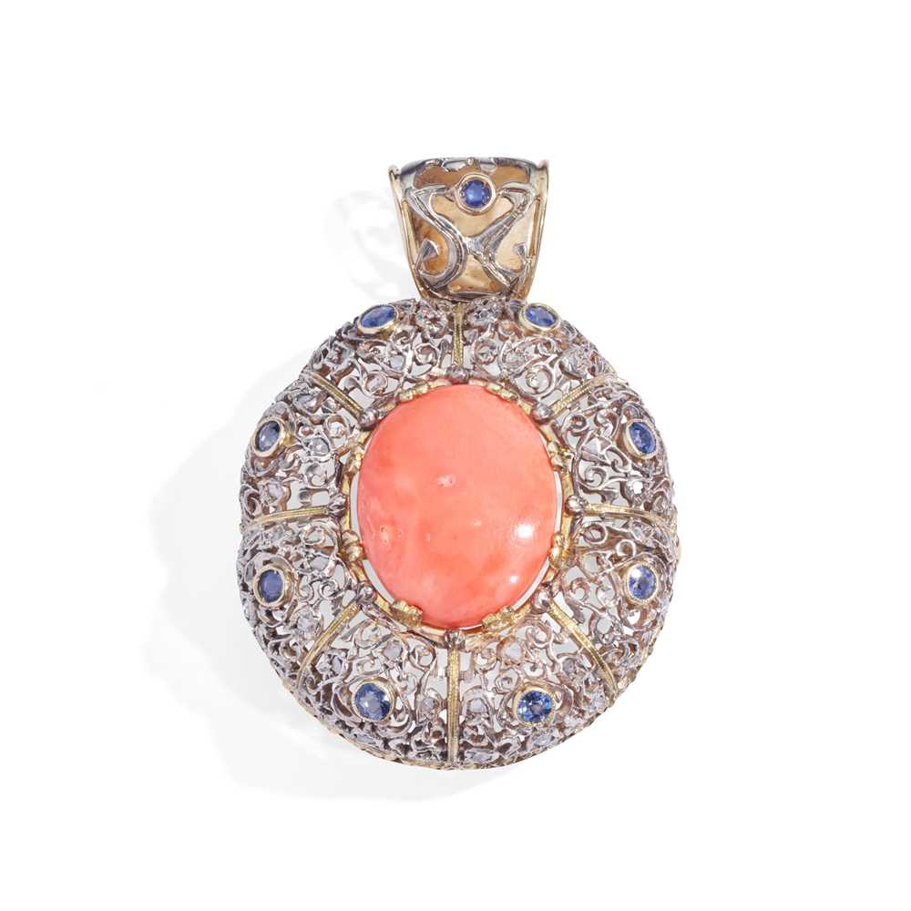 Lot 19 - A coral, sapphire and diamond pendant