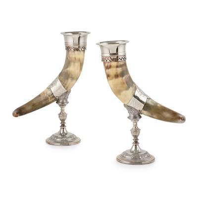 Lot 182 - A PAIR OF SILVER-PLATED MOUNTED HORN GARNITURE