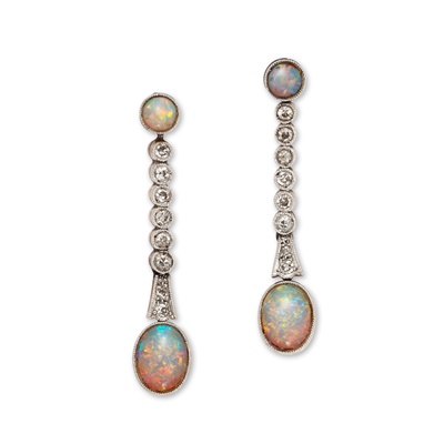 Lot 29 - A pair of early 20th century opal and diamond pendent earrings, circa 1900