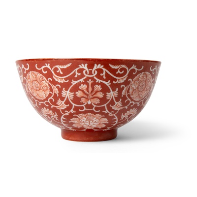 Lot 209 - CORAL-GROUND RESERVE-DECORATED 'LOTUS' BOWL