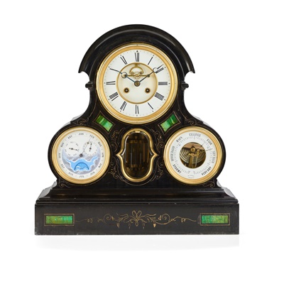 Lot 548 - LARGE FRENCH SLATE AND MALACHITE PERPETUAL CALENDAR MANTEL CLOCK WITH BAROMETER