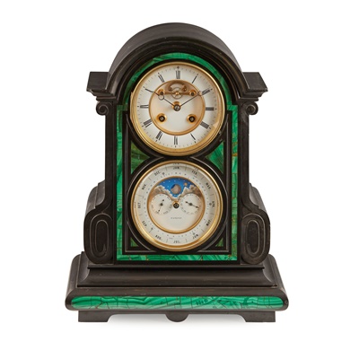 Lot 547 - FRENCH SLATE AND MALACHITE MANTEL CLOCK WITH PERPETUAL CALENDAR DIAL