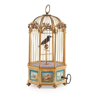 Lot 535 - FRENCH PORCELAIN MOUNTED GILT AND SILVERED BRASS BIRDCAGE AND SINGING BIRD AUTOMATON, BONTEMS, PARIS