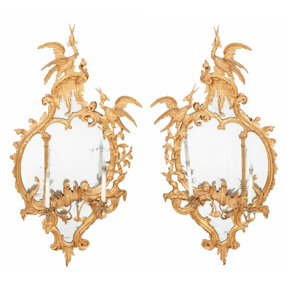 Lot 139 - PAIR OF GEORGE III CARVED GILTWOOD GIRANDOLE MIRRORS, IN THE MANNER OF THOMAS JOHNSON
