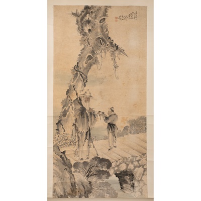 Lot 72 - INK SCROLL PAINTING OF A LEARNED AND A BOY