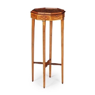 Lot 366 - MAHOGANY, SATINWOOD, AND PENWORK URN STAND, IN THE MANNER OF EDWARD & ROBERTS