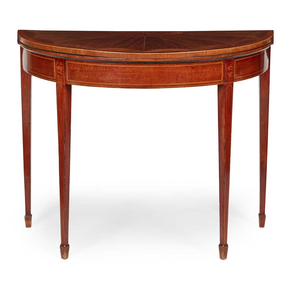 Lot 110 - GEORGE III MAHOGANY AND SATINWOOD INLAID DEMILUNE CARD TABLE