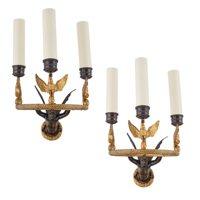 Lot 524 - PAIR OF FRENCH EMPIRE GILT AND PATINATED BRONZE WALL LIGHTS