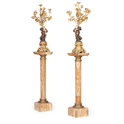 Lot 542 - PAIR OF FRENCH GILT AND PATINATED BRONZE FIGURAL CANDELABRA, WITH ASSOCIATED ONYX PEDESTALS