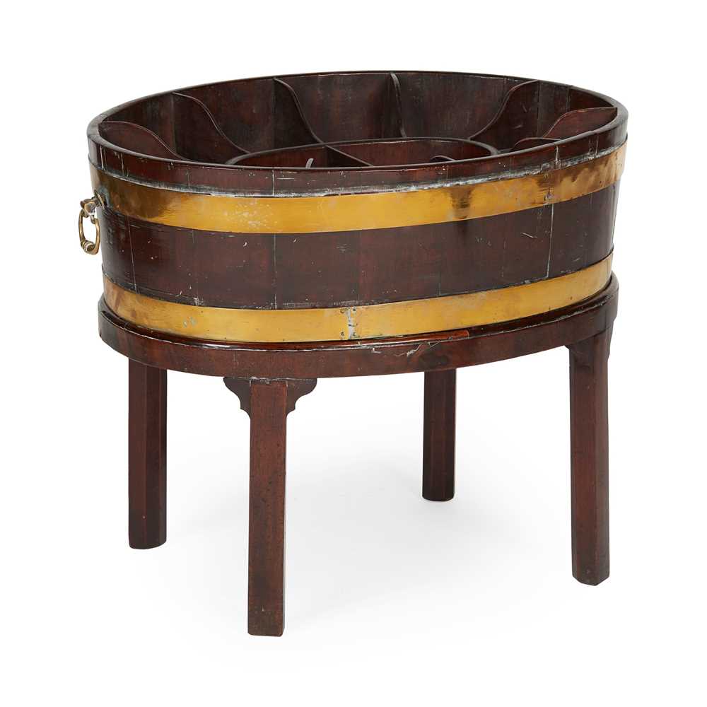 Lot 50 - GEORGE II MAHOGANY BRASS BANDED WINE COOLER ON STAND
