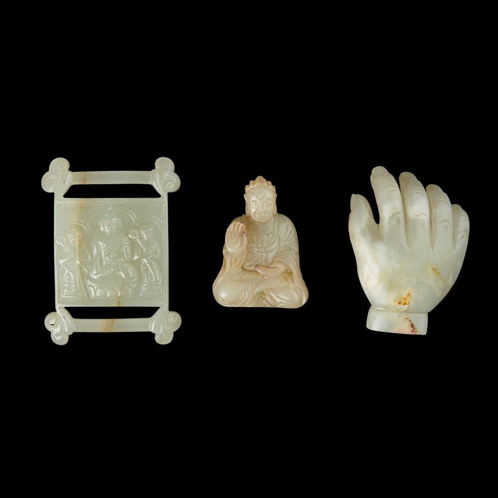 Lot 59 - GROUP OF THREE JADE CARVINGS OF BUDDHIST OBJECTS