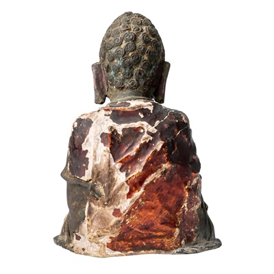 Lot 46 - LACQUERED BRONZE FIGURE OF A SEATED BUDDHA