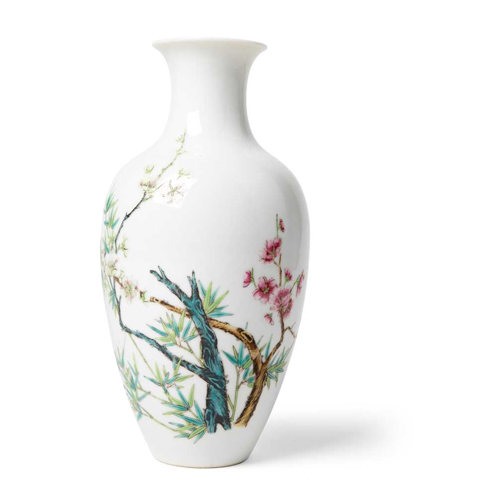 Lot 260 - FAMILLE ROSE 'PRUNUS AND BAMBOO' VASE