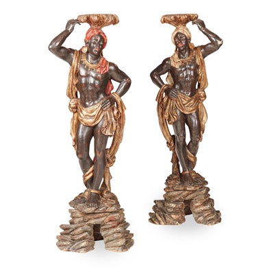Lot 449 - PAIR OF VENETIAN CARVED AND POLYCHROME PAINTED BLACKAMOOR TORCHERE STANDS