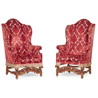 Lot 14 - PAIR OF WILLIAM AND MARY STYLE WALNUT WING ARMCHAIRS